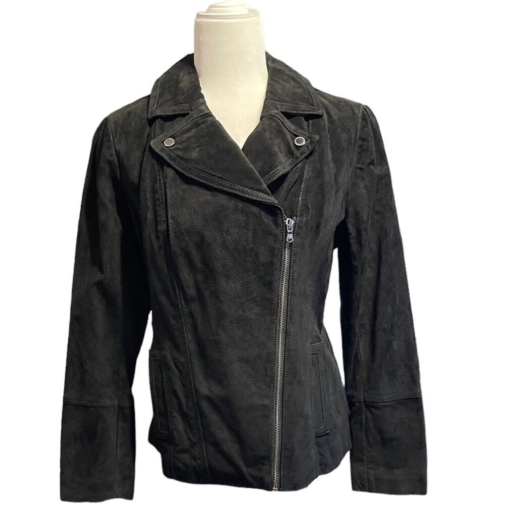 Isaac Mizrahi Live! Size 6 Black Suede Motorcycle Jacket Floral Printed Lining